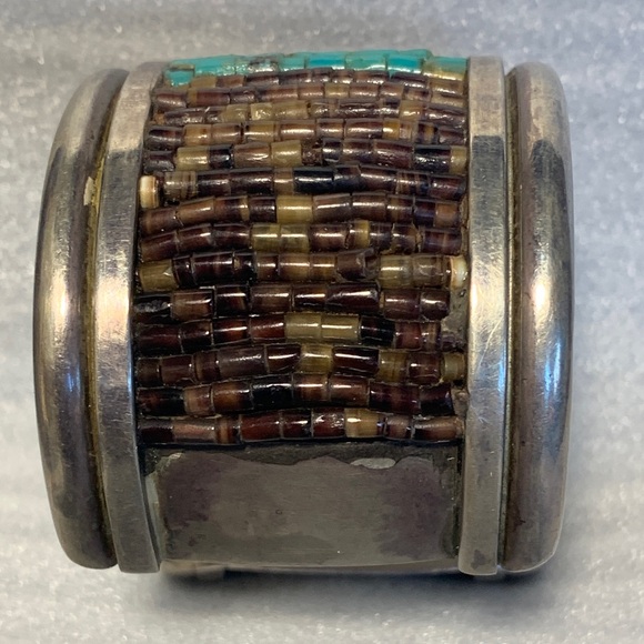 Vintage Navajo Heishi Shell Turquoise Cuff Bracelet - Picture 6 of 8